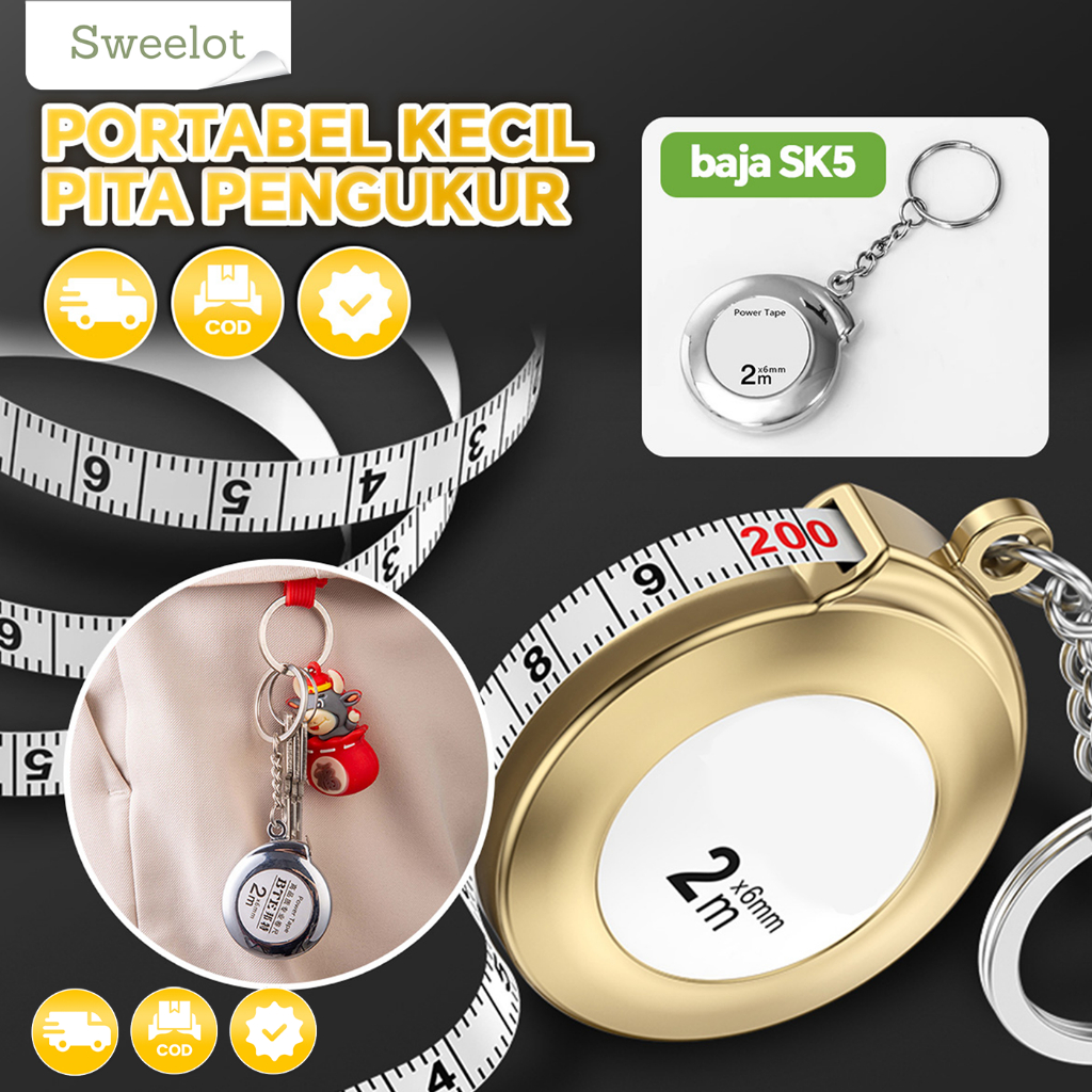 

Pita pengukur mini yang nyaman penggaris portabel penggaris kotak rumah tangga kait kunci 2M