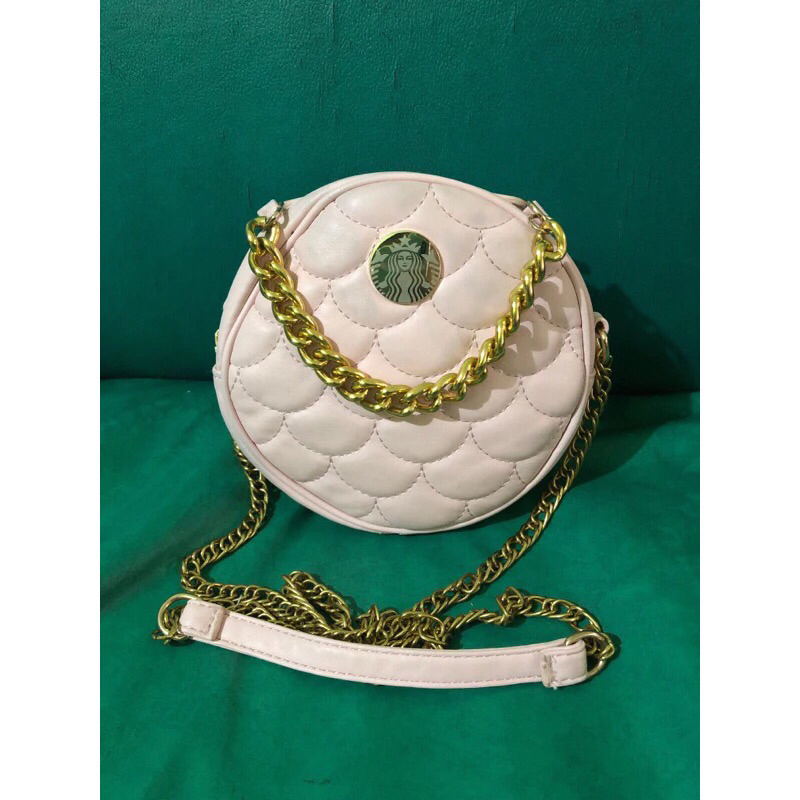 TAS SLING BAG STARBUCKS BULAT KULIT HALUS LEMBUT WARNA BABY PINK PRELOVED LIKE NEW
