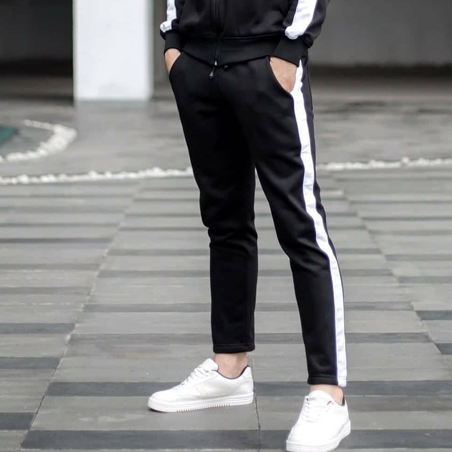 CELANA TRAINING PRIA WANITA 918 HITAM LIST PUTIH  JOGGER TRACKPANTS FLEECE TEBAL