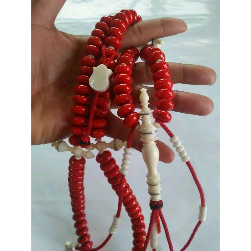 tasbih tijani red marjan/red coral mix tulang size 12mm