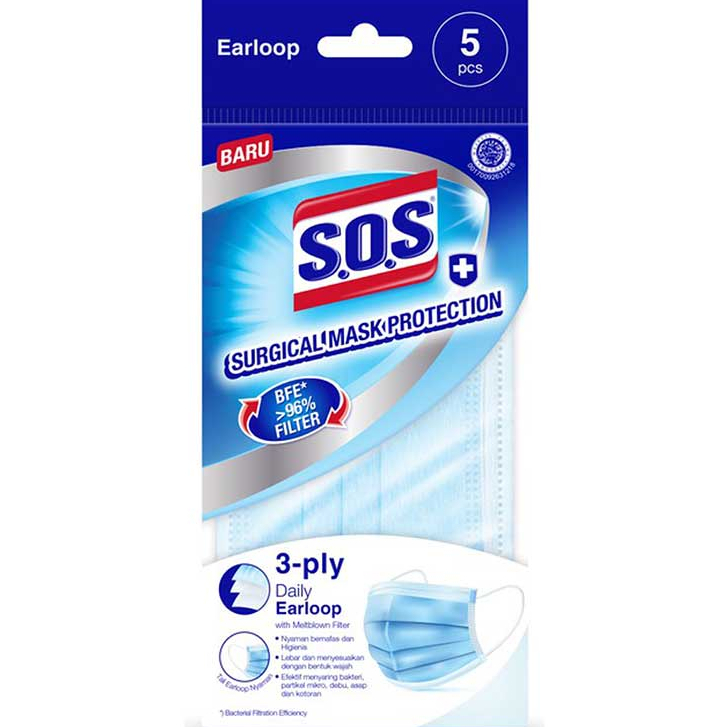 SOS Surgical Mask Protection Masker Earloop 3 ply 5 pcs