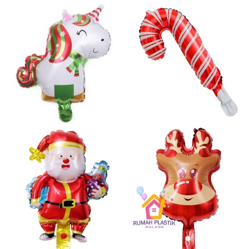 Balon foil natal unicorn kecil mini merry christmas boneka salju little pony pegasus deer rusa tongk