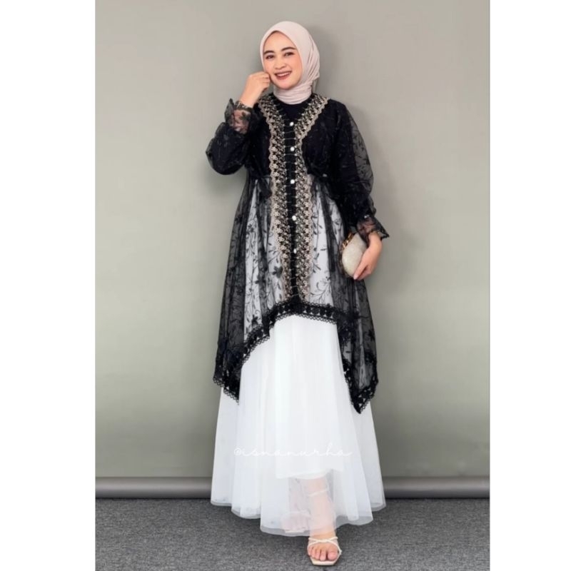 TERLARIS Kerin Outer Tunik Tille Brukat Cardigan Tille Brokat Lengan Panjang Kebaya Tunik atasan