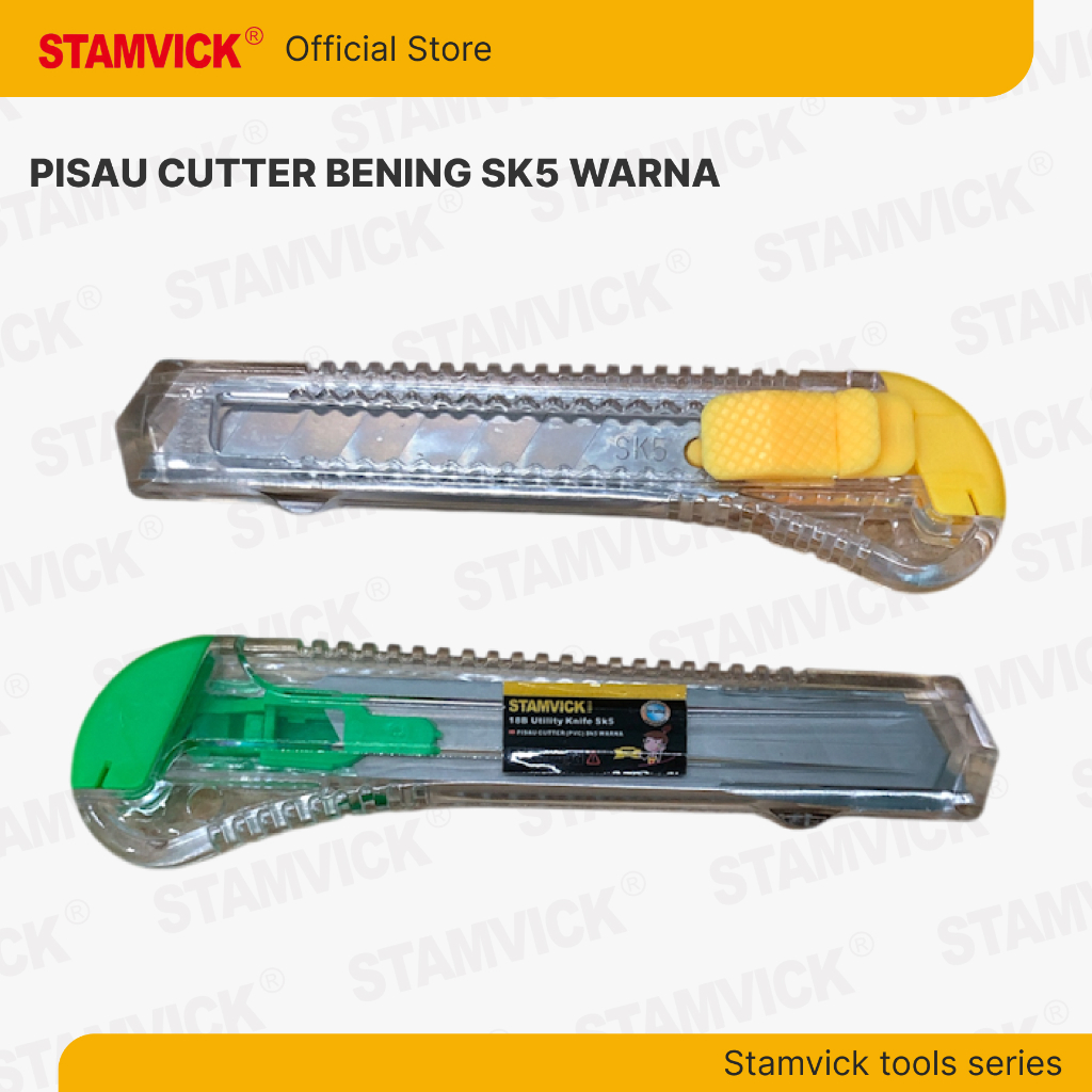 

Pisau Cutter Besar Stamvick Bening Warna / Cutter Stainless SK5 Tajam #18B