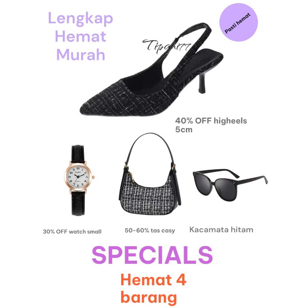 4 set sepatu sandal higheels pesta 5cm+kacamata+jam+tas bahu selempang casy
