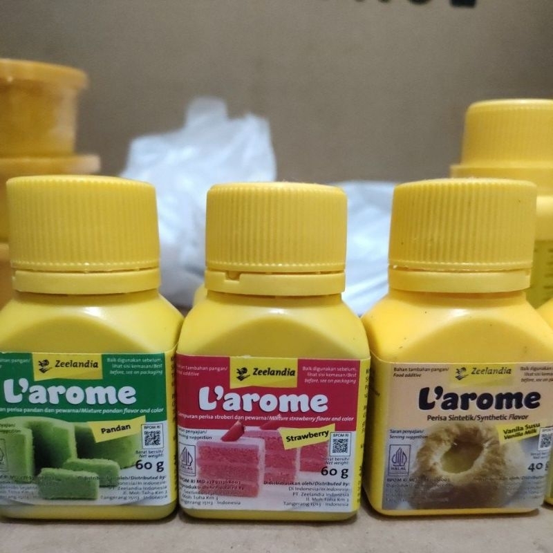 

L'AROME SERIES SMALL PACK PANDAN, STRAWBERRY,COKLAT,VANILA LIQUID 40GR,VANILA SUSU POWDER 40GR