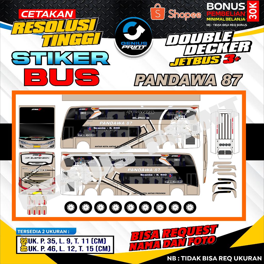 Stiker A3 Miniatur Bus Double Decker Jetbus 3+ Livery Pandawa 87 Uk. 35/46cm