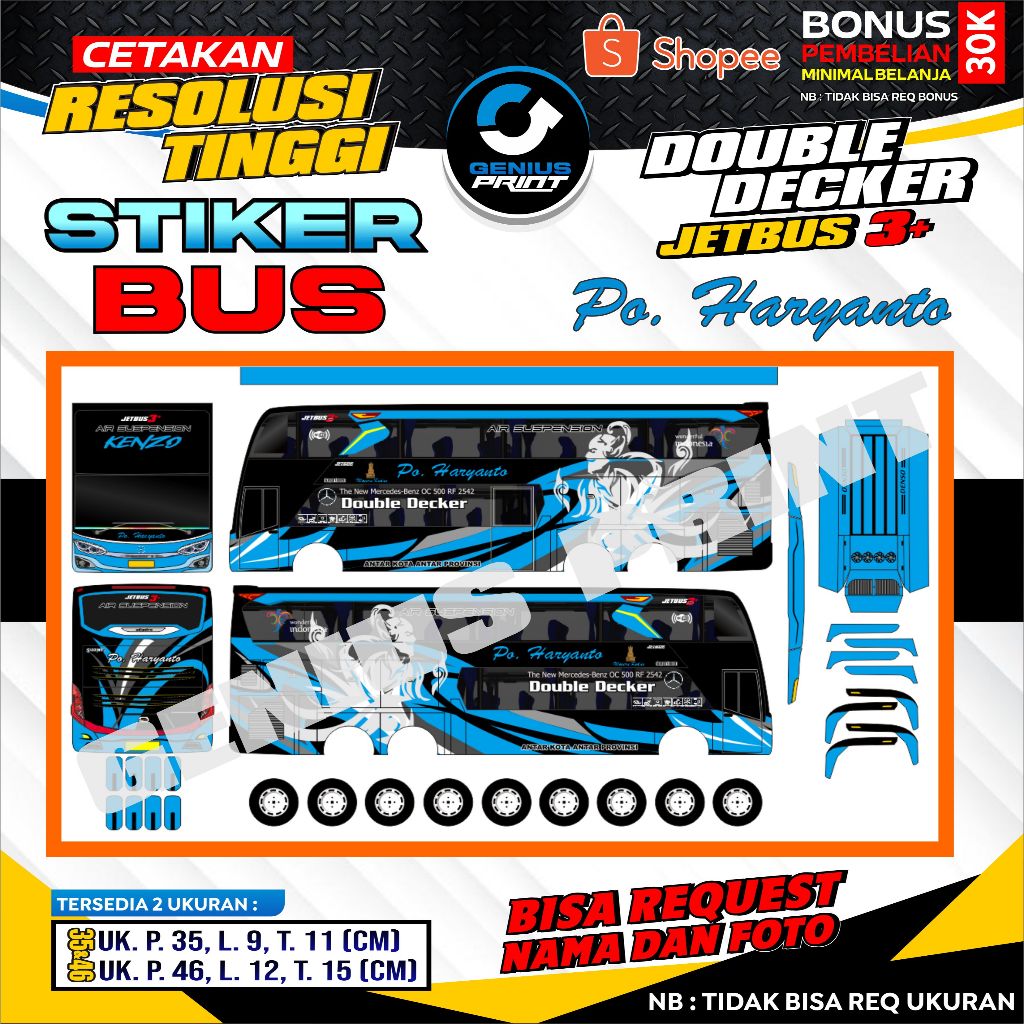 Stiker Mainan Miniatur Bus DOUBLE DECKER JETBUS 3+ PO. Haryanto Uk. 35/46cm