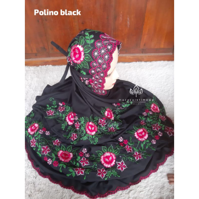 Mukena HITAM terusan/lajuran polino HITAM bordir motif bunga warna warni cantik