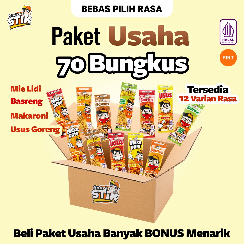 

Paket Usaha Dapat 70 Bungkus Ukuran 25gr Varian Basreng Mie Lidi Makaroni Bantet Usus Krispi