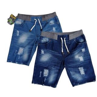 CELANA PENDEK PRIA JEANS KOLOR RIB PINGGANG KARET  / Celana pendek jeans pria bahan denim tali kolor