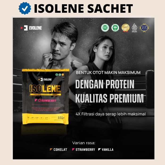 Isolene Strawberry SACHETAN - Suplemen fitness - Minuman Protein - isolate Evolene