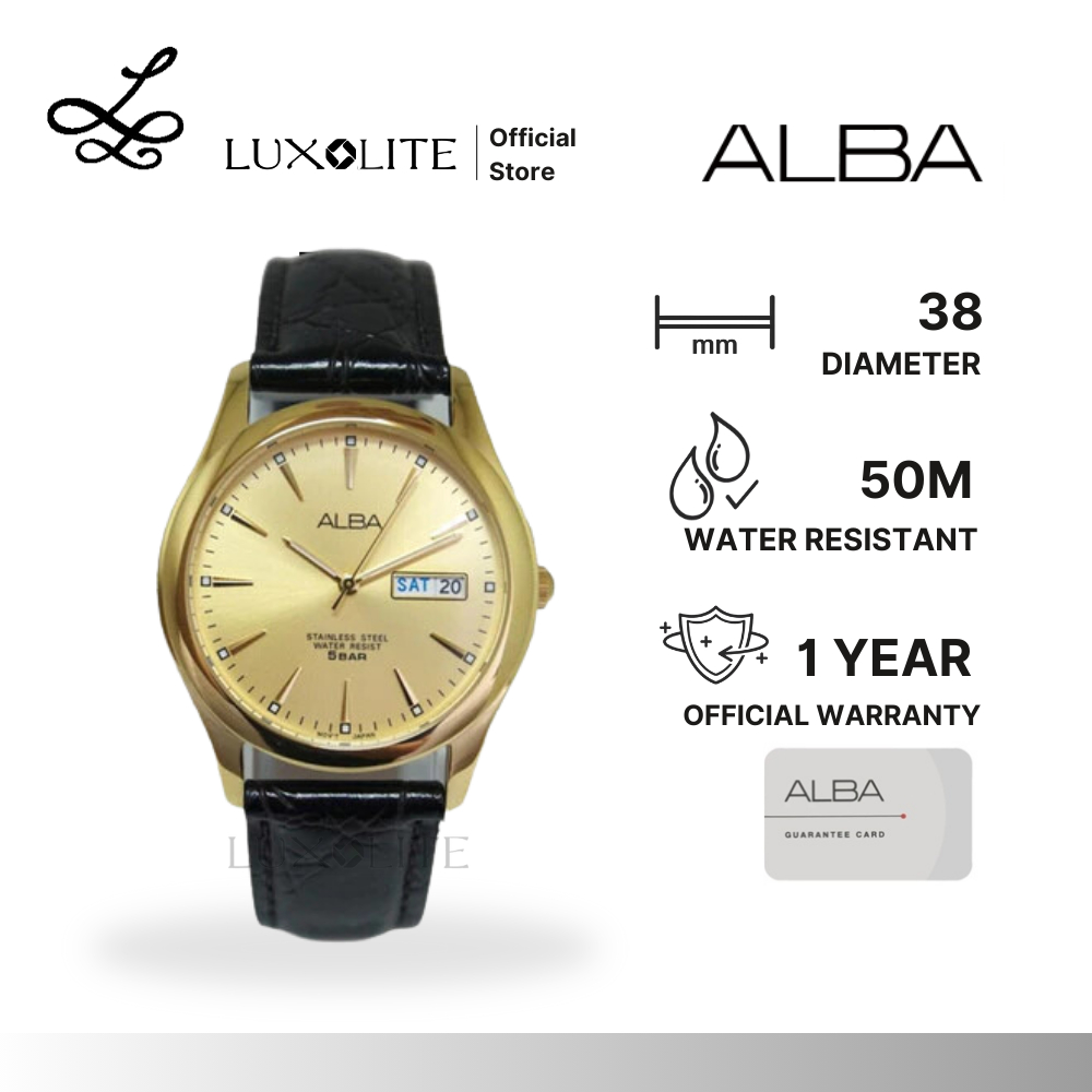 [Luxolite] Alba AXND62 Gold Dial Gold Case Black Leather Strap Men Watch AXND62X1