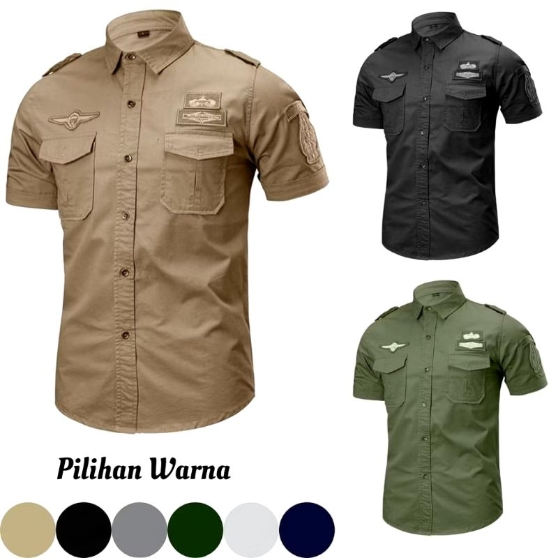 Baju Kemeja Taktikal Pendek Hitam Abu Khaki Hijau Putih Biru Police Black Army Brown White Grey Anim