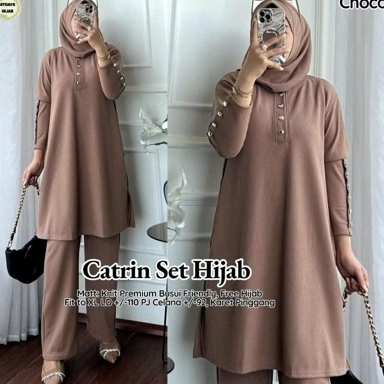 KODE J55X 3IN1 SETELAN  HIJAB  CATRIN SET HIJAB KNIT FIT TO XL  SETELAN POLOS TUNIK  ONE SET TUNIK W