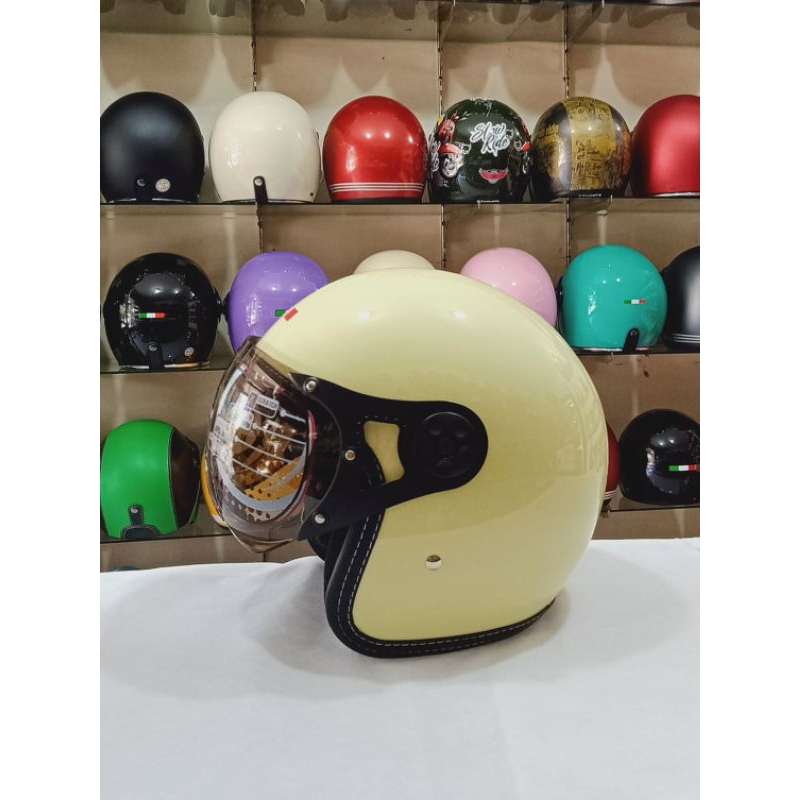Aizo Italy Helm Kaca Pilot Warna Cream Glossy Berlabel SNI COD Free Packing Kardus dan Bubble Wrap