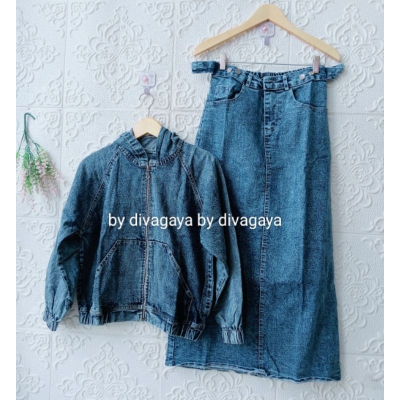 Setelan Wanita Jacket Hoodie Rok Span Panjang Jeans Fashion Kekinian