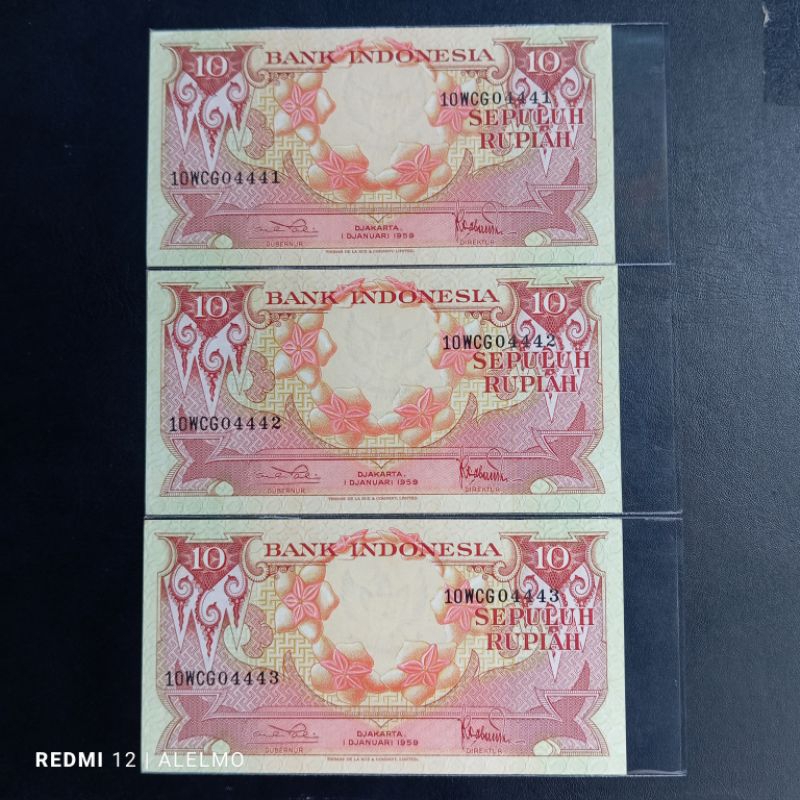 3 lembar no seri urut uang kertas kuno 10 seri bunga tahun 1959