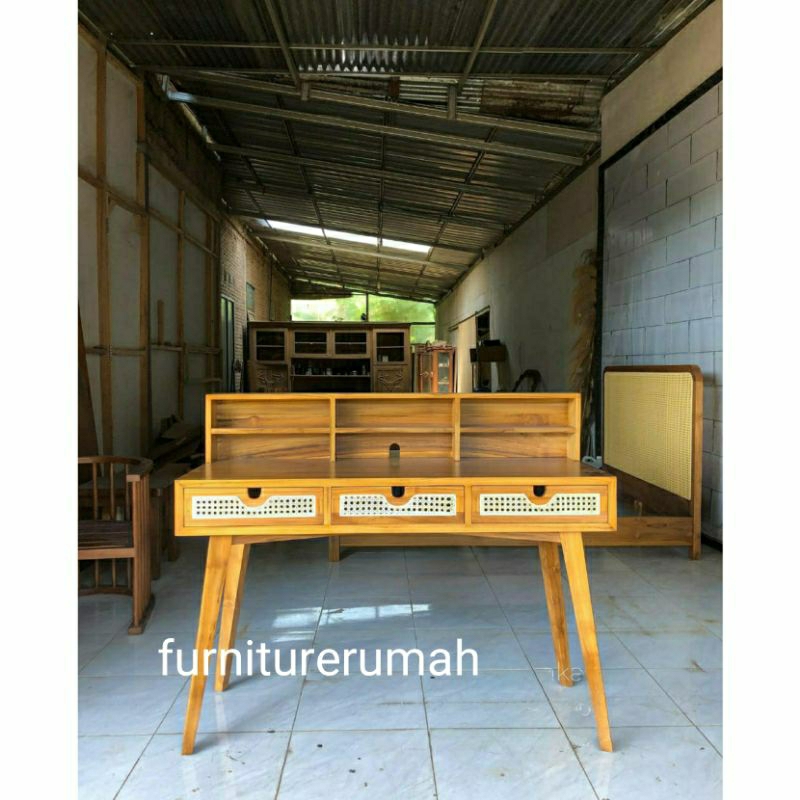 meja belajar jati minimalis rotan, meja kerja meja kantor minimalis kayu jati rotan