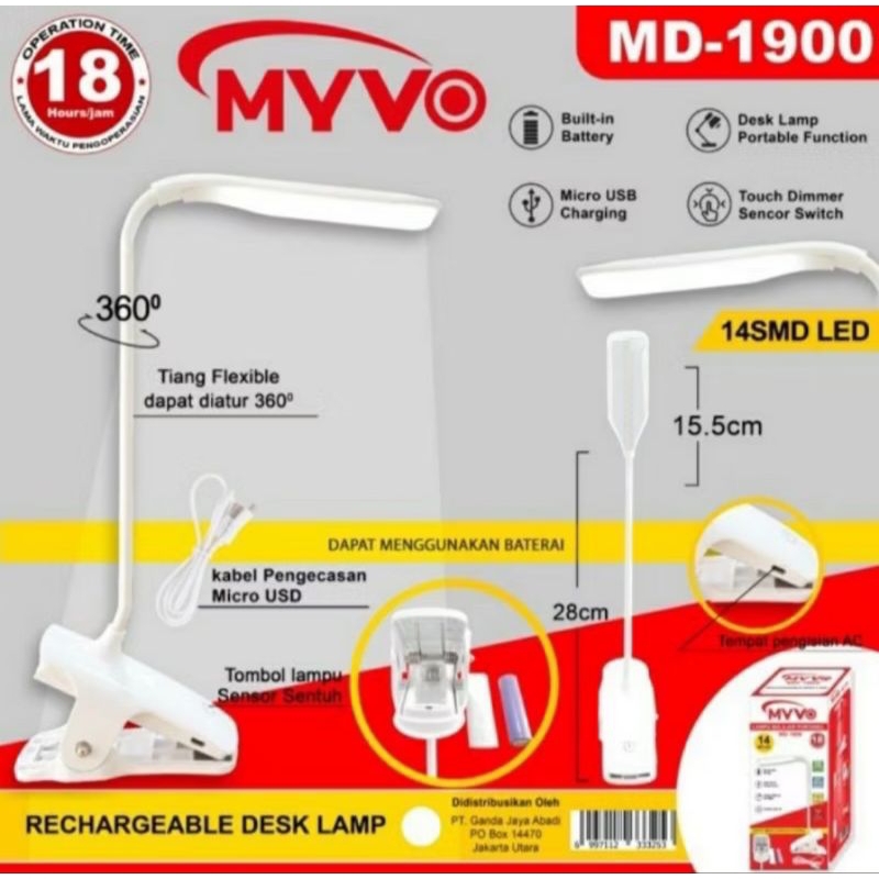 Lampu Meja Belajar Sentuh Jepit Cas Myvo MD-1900