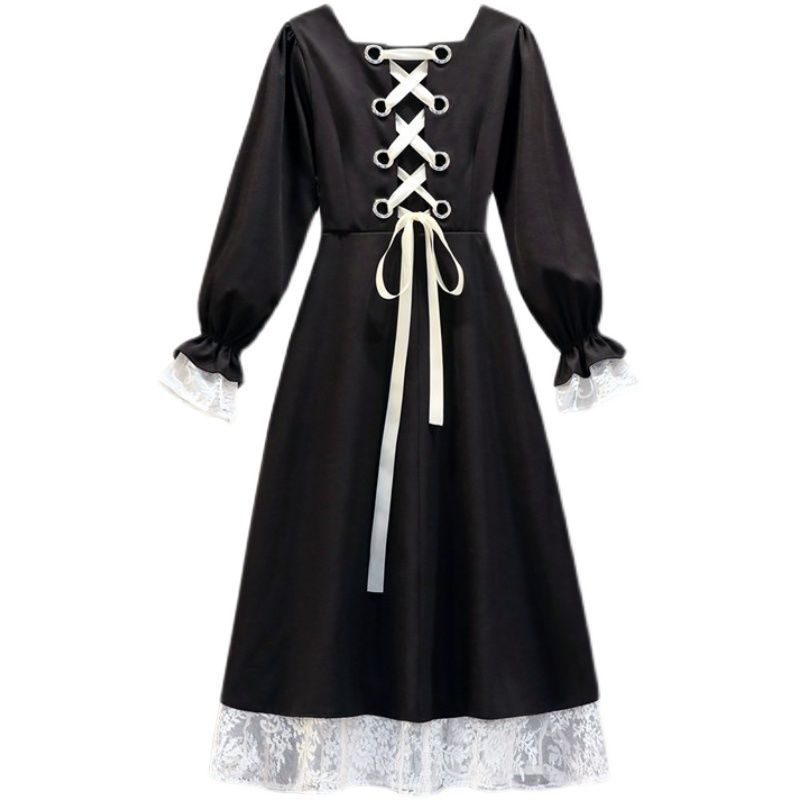 Dress maxi Hitam Renda Pesta Retro Gaun Gamis Wanita Belakang Tali Korea Style