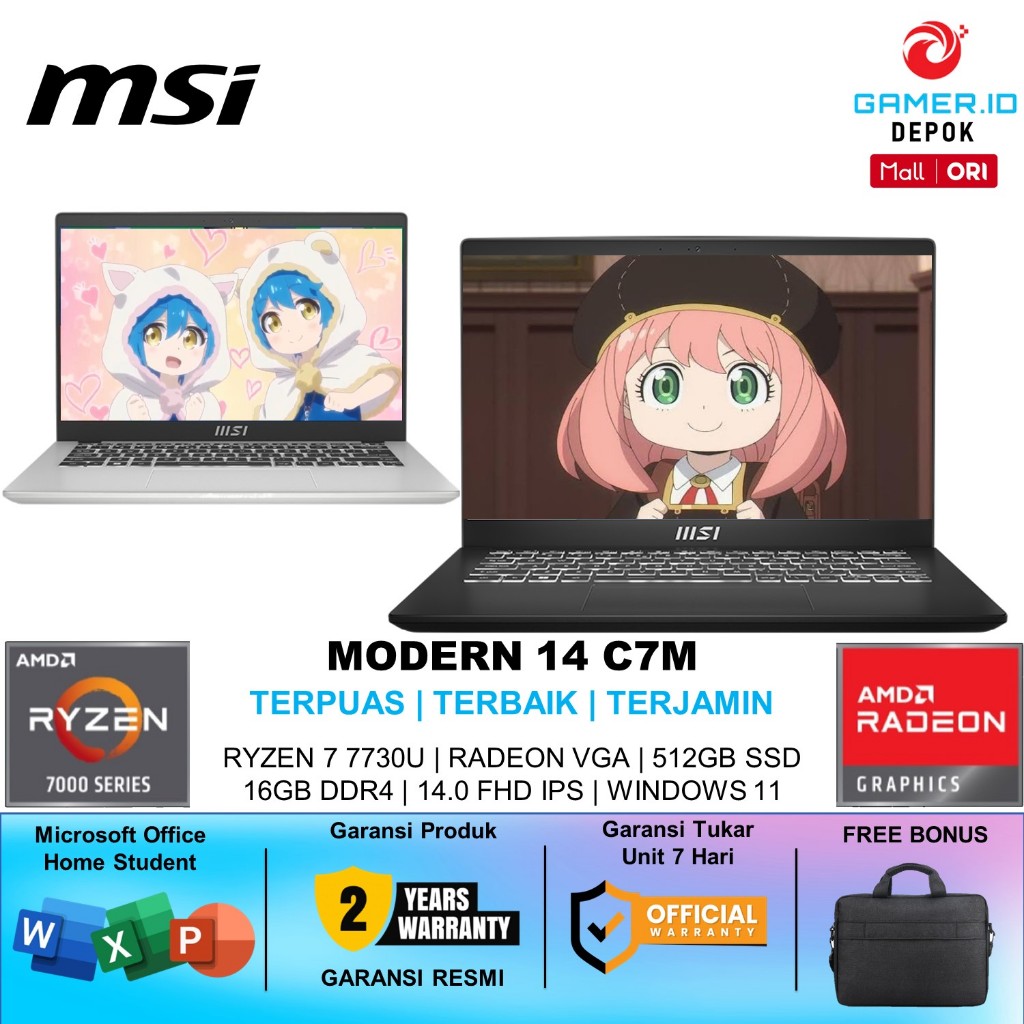 LAPTOP MSI MODERN 14 RYZEN 7 7730U 16GB RAM 512GB SSD WINDOWS 11 OHS