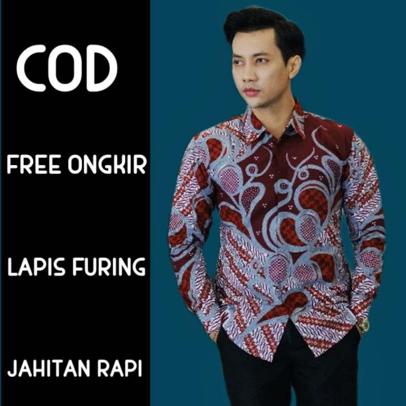 kemeja batik pria slimfit original dengan bahan katun halus berlapis furing motif cempaka putih terb