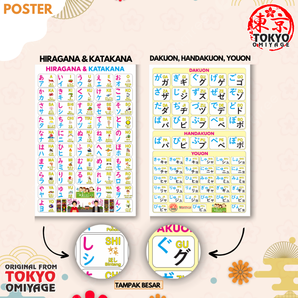 POSTER DAN PEMBATAS BUKU HURUF JEPANG HIRAGANA KATAKANA / SOUVENIR OLEH-OLEH JEPANG TOKYO OMIYAGE