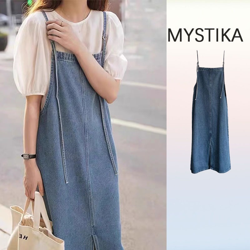 MYSTIKA  baju kondangan wanita kekinian overall dress jeans jumbo midi dress denim rok belah samping