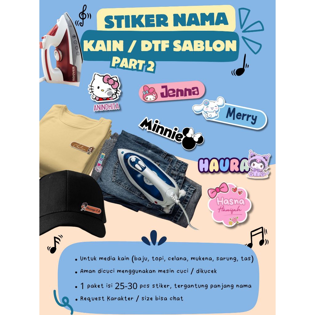 

STIKER LABEL NAMA BAJU, DASI, TOPI, KAIN, SABLON TINGGAL SETRIKA SETERIKA MOTIF KARAKTER LUCU AESTETHIC ANTI AIR DTF PRINTING