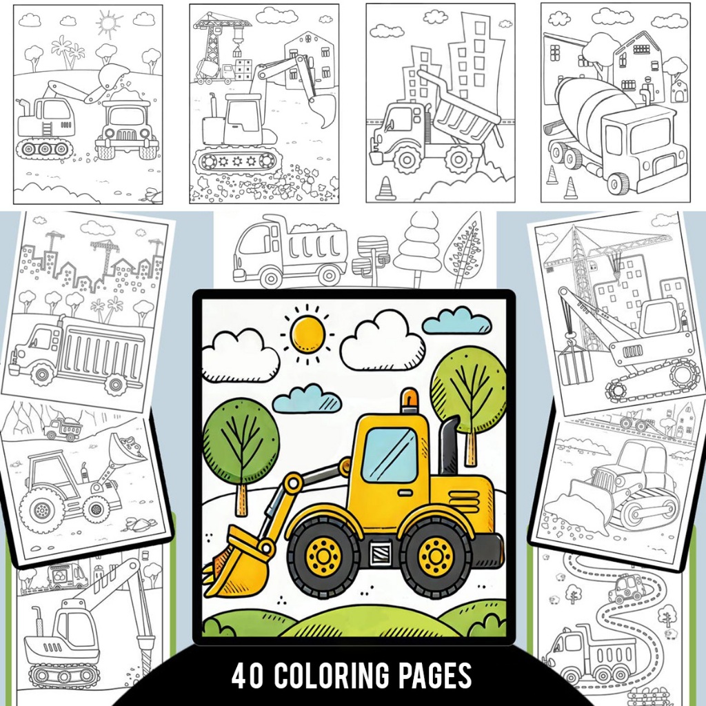

40 Pages Buku Mewarnai Anak - Printable Kids Coloring Book - Digital Download - Excavators Trucks
