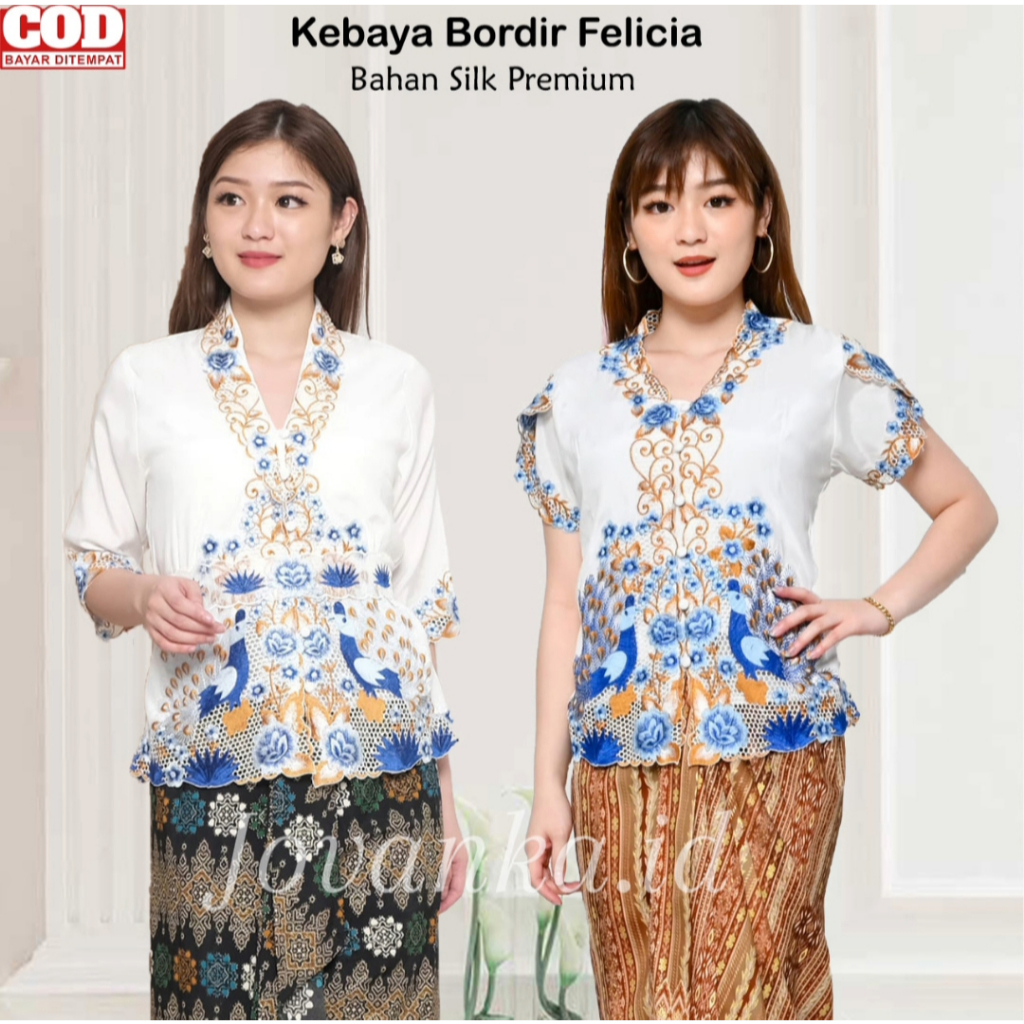Atasan Kebaya Wanita Modern Kekinian Motif Bunga Merak Warna Putih Tulang Bordir Biru Felicia