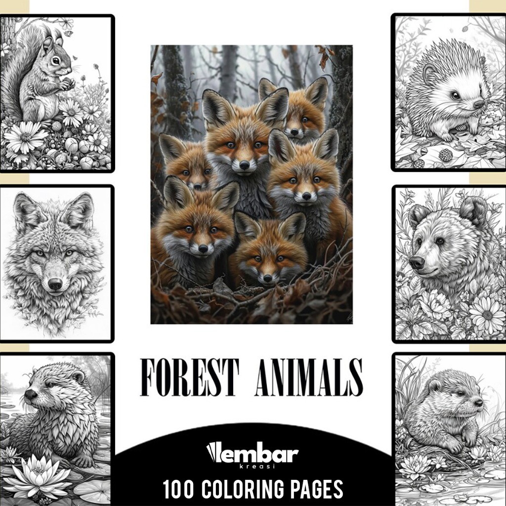 

100 Pages Buku Mewarnai Dewasa - Printable Adult Coloring Book - Digital Download - Forest Animals