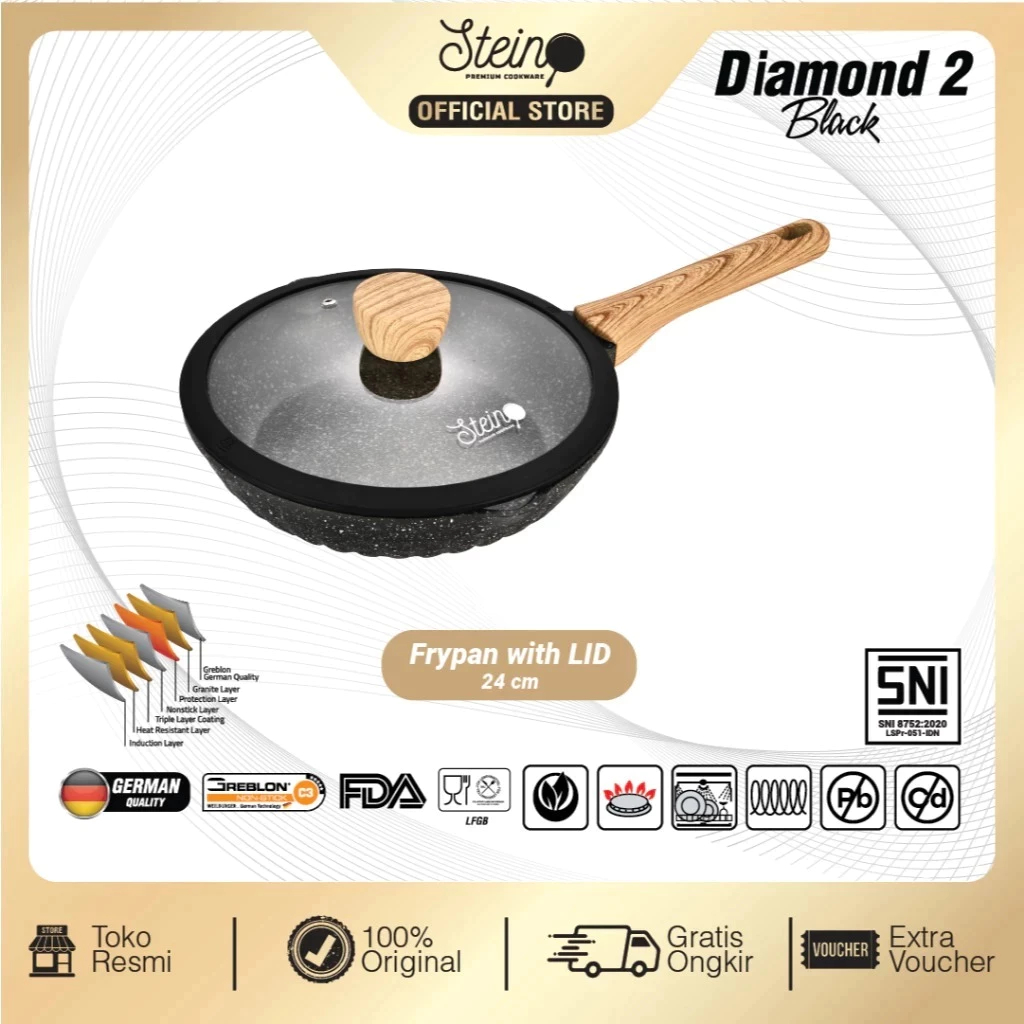 STEIN Cookware Diamond 2 Fry Pan Panci Penggorengan Anti Lengket 24cm + Tutup BATAM