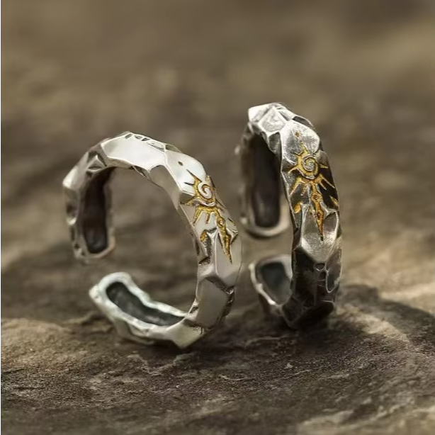 Cincin Batu Pahat Matahari / Sun Chisel Stone Ring / Silver Black Simple Hammered Stone Resizeable R