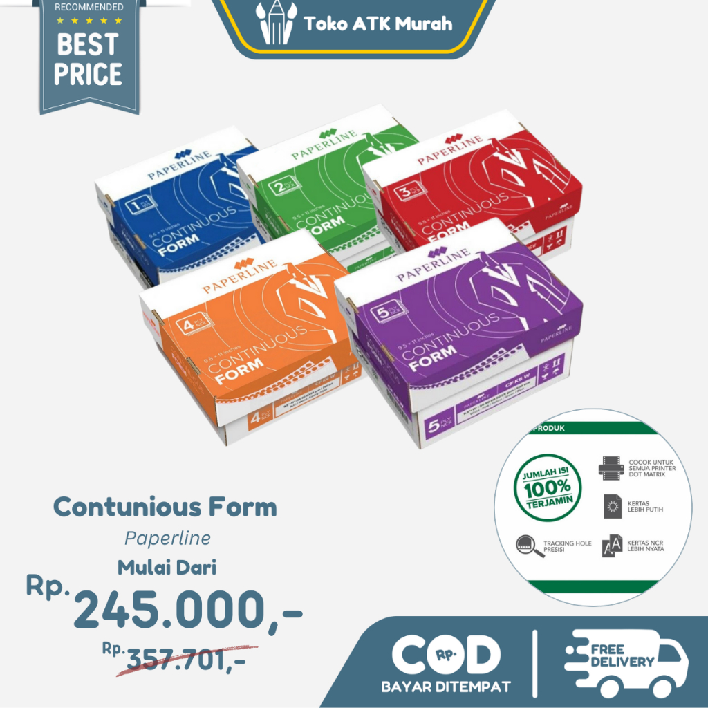 

Continuous Form Paperline 9.5" X 11" 1 Ply (K1) / 2 Ply (K2 W) / 3 Ply (K3 W) / 4 Ply (K4 W) / 5 Ply (K5 W) Kertas Komputer