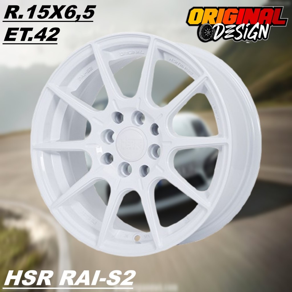 Velg racing ring 15 mobil brio, avaza, agya, HSR RAI S2 R15 warna putih lubang baut 4