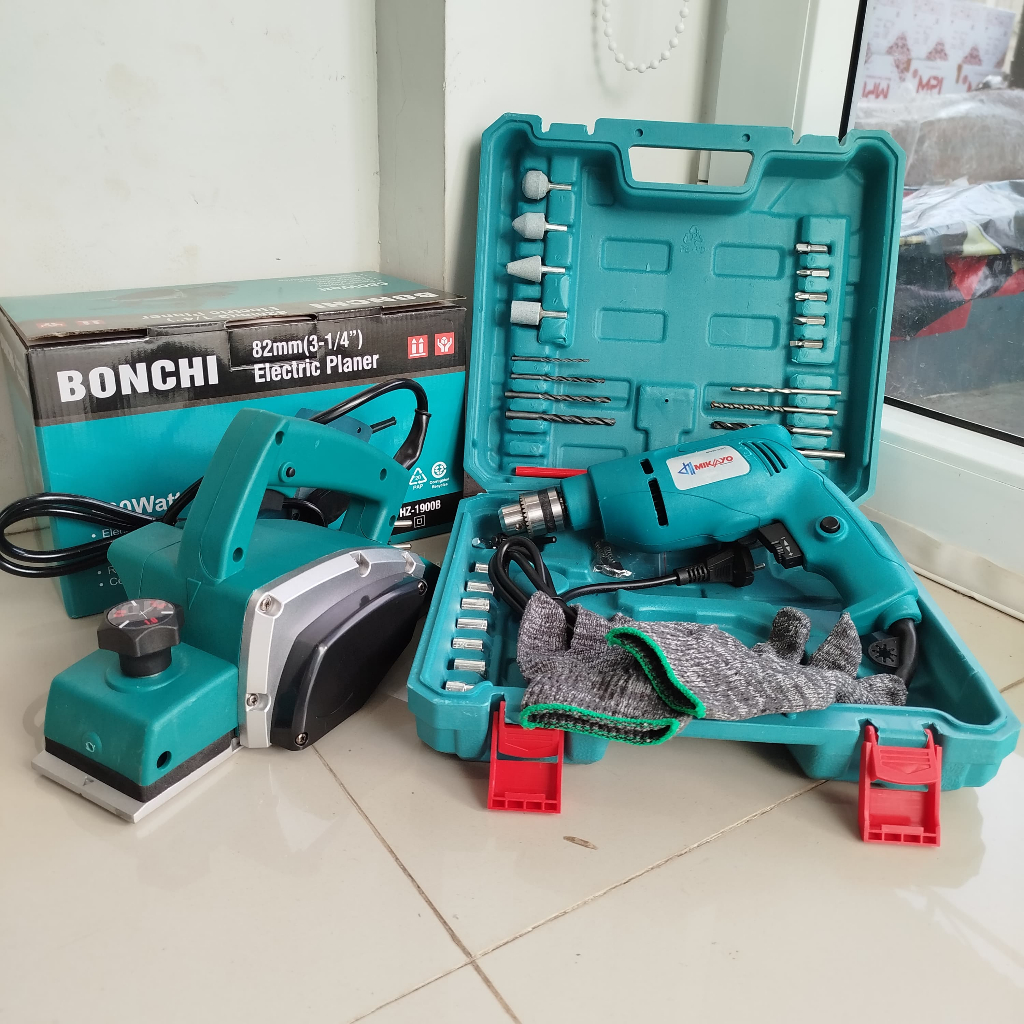 PROMO LEBIH HEMAT ALAT TUKANG KAYU Electric Planner Mesin Serut Kayu + Bor set koper Koper FREE 22 M