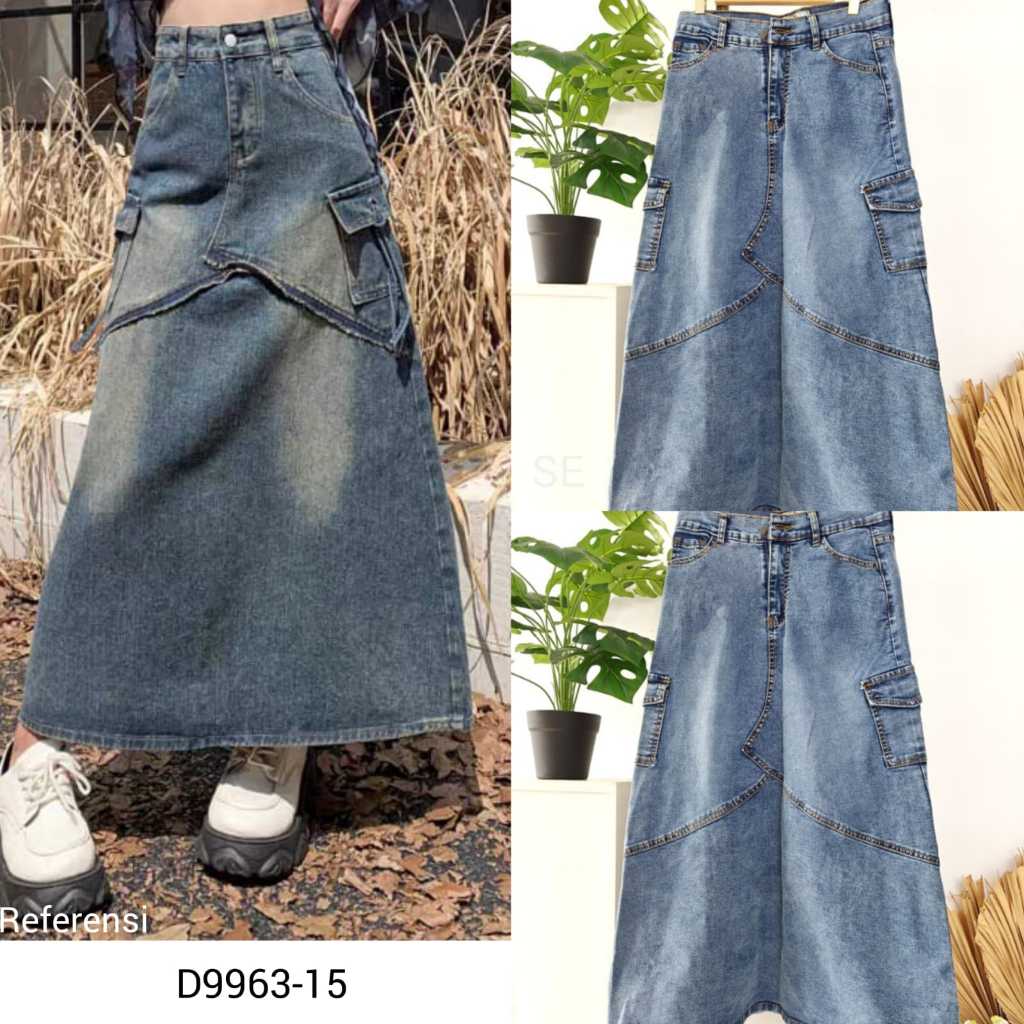 Rok Jeans Denim Wanita Span Model Cargo Panjang
