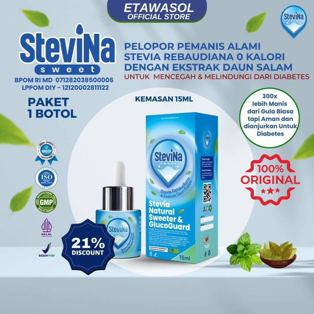 

Stevina Sweet Pemanis Alami 0 Kalori plus Herbal Daun salam Untuk Fungsi Insulin Pengganti Gula 1 Botol 15ml