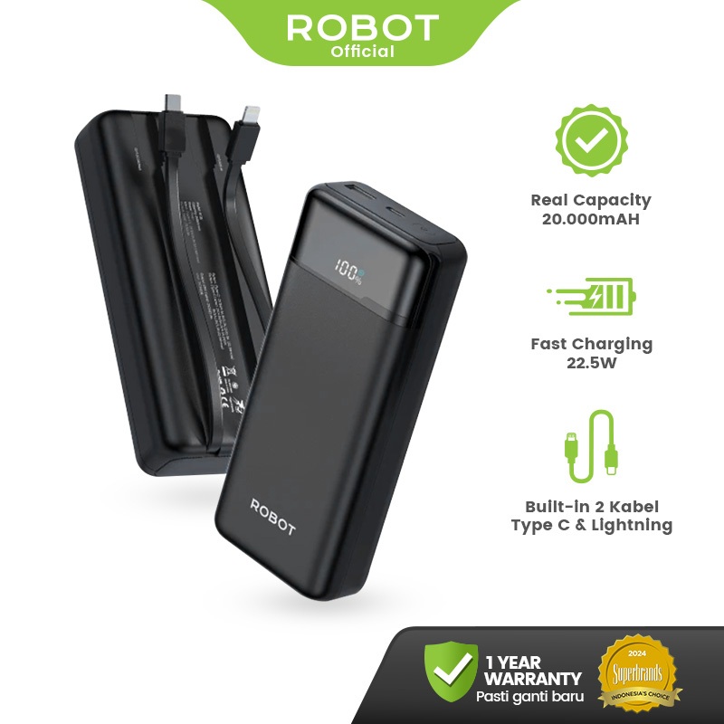 ROBOT Powerbank Fast Charging 20000mAh 22.5W 2 Built in Cable Type C Lightning LED Display Power ban
