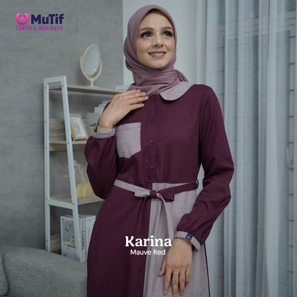 Mutif Karina Mauve Red Stripper Red Dress Baju Gamis Fashion Muslim Wanita Terbaru