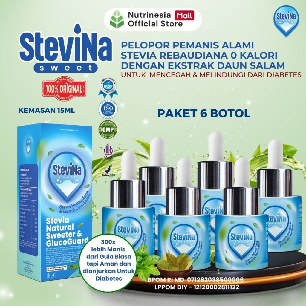 

Stevina Sweet Pemanis Alami 0 Kalori plus Herbal Daun salam Pengganti Gula Untuk Menurunkan Kolestrol Kemasan 6 Botol 15ml
