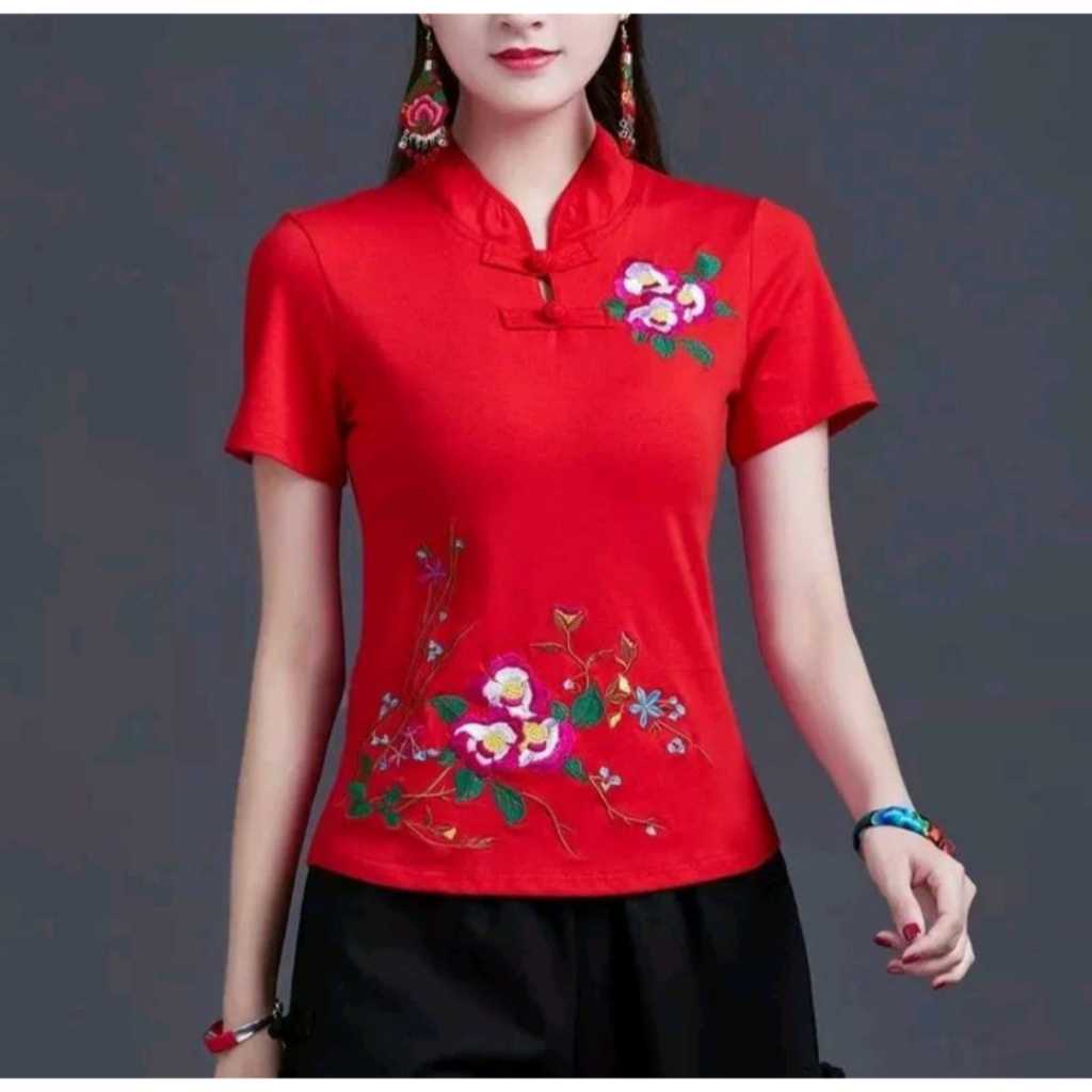 ATASAN MERAH BLOUSE BORDIR KERAH SHANGHAI / BAJU ATASAN WANITA IMLEK