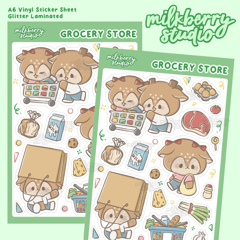 

[milkberry studio] Bonnie and Lola Grocery Store Sticker Sheet Glitter Matte Vinyl Deco Sticker / Stiker Journal Dekorasi Cute Lucu Waterproof Anti Air