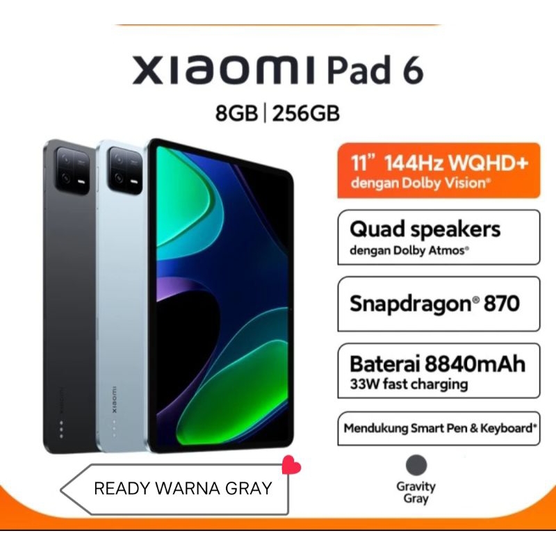 XIAOMI PAD 6 RAM 8/256GB LAYAR 11 INCH WQHD | SNAPDRAGON 870 GARANSI RESMI