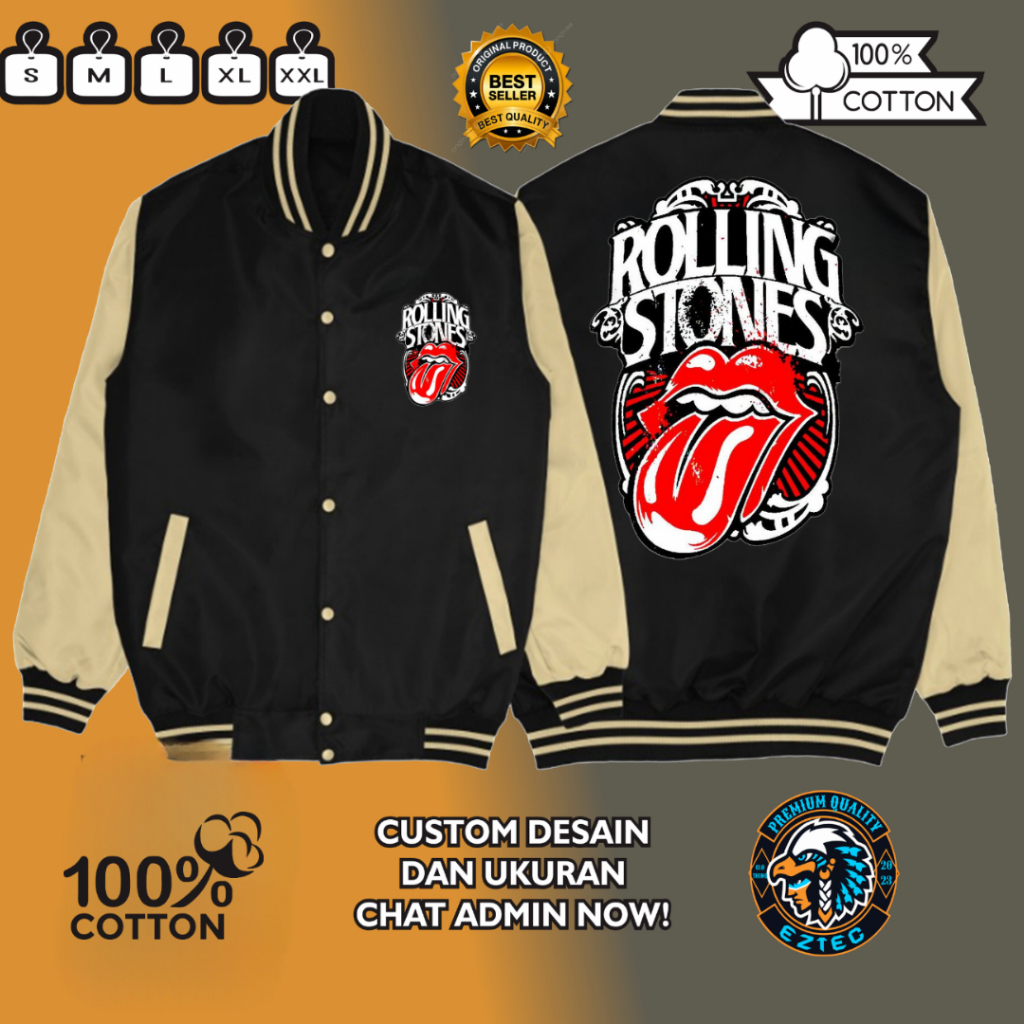 JAKET VARSITY DESAIN SABLON ROLLING STONES KEREN SIMPLE TERBARU BAHAN KATUN FLEECE PREMIUM QUALITY R