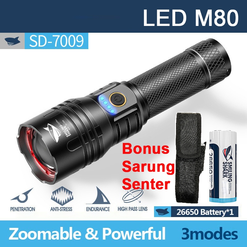 Senter Smiling Shark SD7009 SmilingShark SD 7009 M80 Super Terang Powerbank Type-C Rechargeable Torc