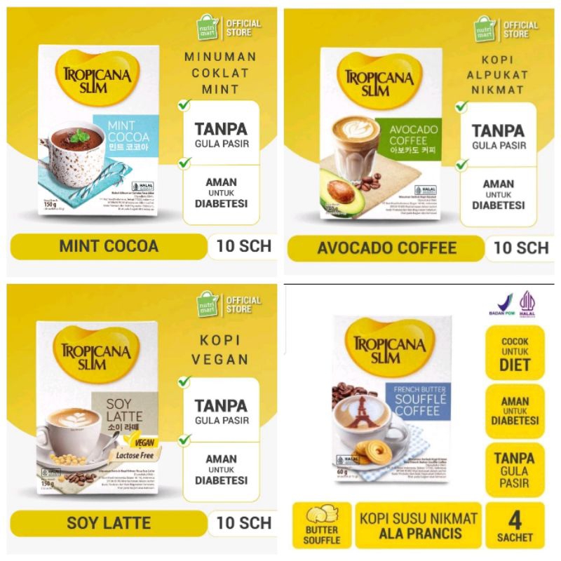 

Tropicana Slim Avocado Coffee / Soy Latte / Mint Cocoa / French Butter / Caffe Latte 10 sachet[EXP2026]