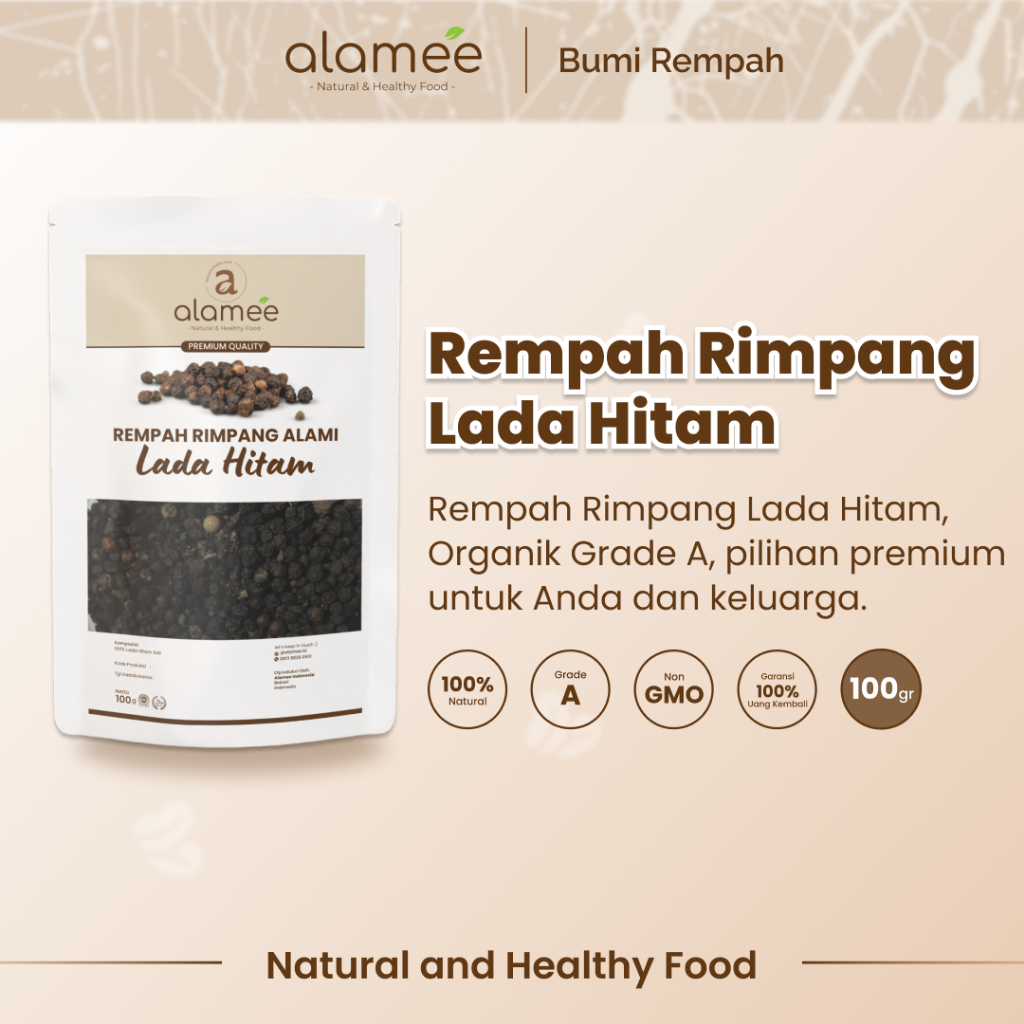 

ALAMEE Lada Hitam Biji Organik Utuh Whole Black Pepper Blackpepper Rempah Rimpang Organik Alami 100g